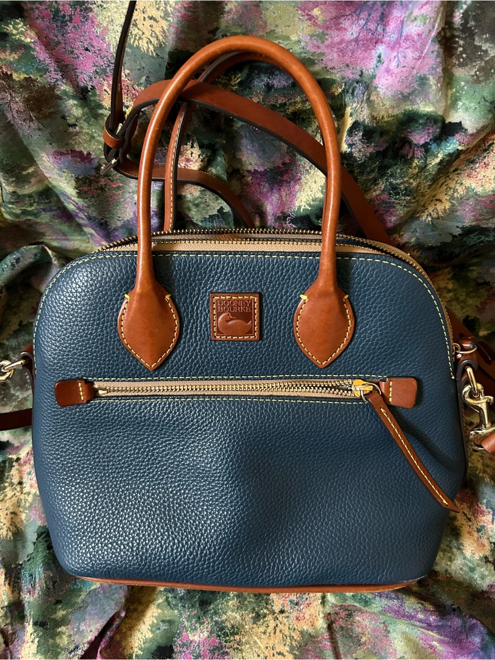 Dooney & Bourke Authentic Blue Pebbled Leather Dome Handbag W/ Brown Trim